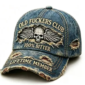 Vintage verwaschene blaue Denim-Baseballkappe mit Totenkopf und Old Fuckers Club Stickerei