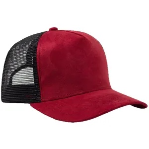 Rote Wildlederimitat 5-Panel Trucker Baseballkappe mit schwarzem Netzrücken und Schirm