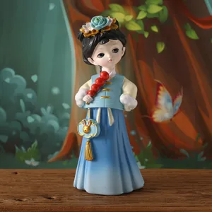 Figurine de dame de la dynastie Tang en hanfu bleu pour une jolie décoration de bureau