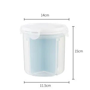 Detalle del tarro de almacenamiento de plástico transparente con altura de 15 cm.