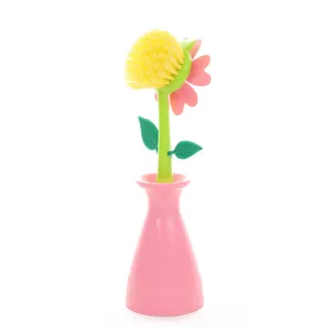 Creativo cepillo de limpieza de girasol con bonito soporte de jarrón rosa cocina.