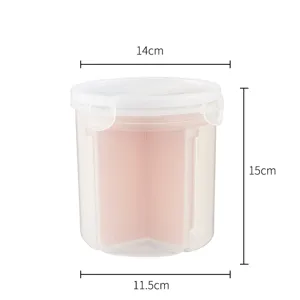 Tarro de almacenamiento de plástico transparente con compartimentos para cocina y granos.