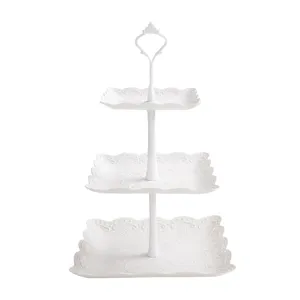 European style 3 tier white square cake stand dessert fruit display tray for afternoon tea