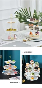 Présentoir à dessert blanc à 3 niveaux de style européen avec poignée dorée élégant