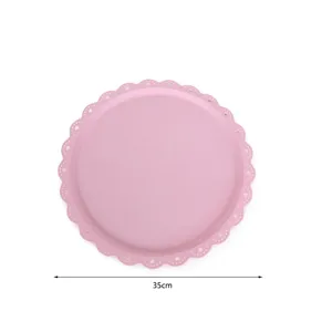 Plateau de fruits en plastique rose style européen avec bordure en dentelle cœur, rond 35cm.