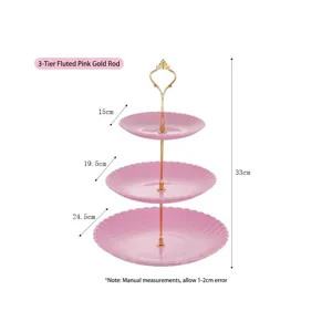 Plan détaillé du support à dessert rose à 3 niveaux, hauteur 33cm et tiges dorées