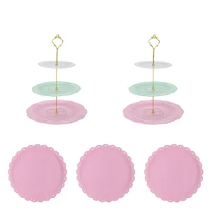 support à dessert en plastique à 3 niveaux et ensemble d'assiettes roses pour fête de thé