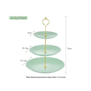 Dimensions détaillées du présentoir à desserts vert à trois niveaux avec tige dorée