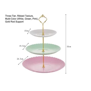 Dimensions du présentoir à gâteaux pastel à 3 niveaux avec plateaux de 15, 19,5 et 24,5 cm.