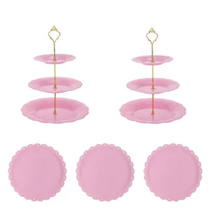 Ensemble de support à gâteau en plastique rose à 3 niveaux et plateau de dessert pour fête.
