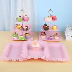 Présentoirs à gâteaux roses à 3 niveaux et plateaux à dessert rectangulaires pour mariages