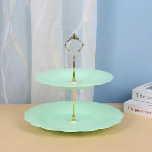 European 2-tier plastic fruit tray dessert stand afternoon tea pastry display rack green