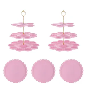Ensemble de présentoirs à cupcakes et plateaux à dessert roses à 3 niveaux pour fêtes.