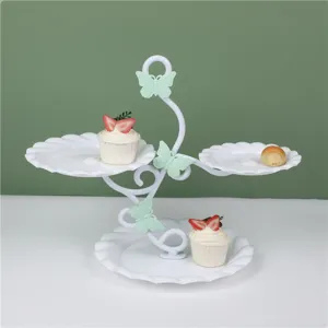 European 3-tier dessert display stand detail, butterfly decoration pastry plate for party.