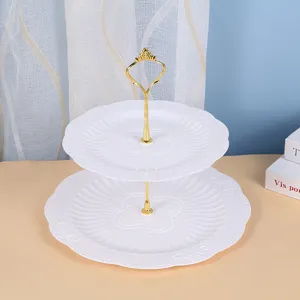 European 2-tier plastic fruit tray dessert display stand with gold handle for afternoon tea.