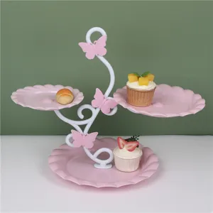 European 3-tier dessert stand pink butterfly cake display tray for afternoon tea party wedding.