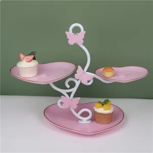 3-tier pink heart dessert display stand afternoon tea tray for wedding party birthday cake