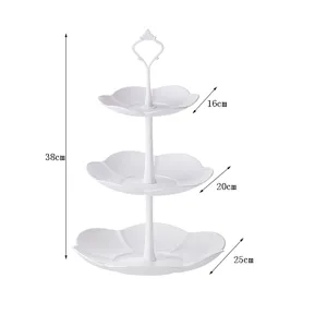 Vista detallada del soporte de postres floral blanco de 3 niveles con medidas y estructura.