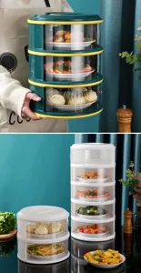 Detailed view of multi-layer transparent food covers for dustproof kitchen storage