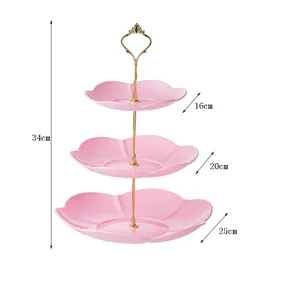 Soporte de postre rosa de tres niveles con diseño de flor para fiesta de bodas y eventos