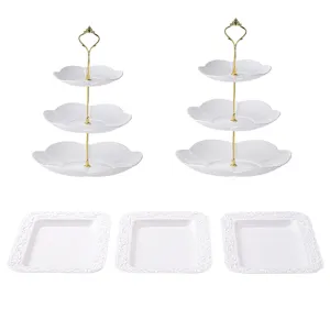 Juego de soporte de 3 niveles para tartas y platos cuadrados para fiesta de bodas.