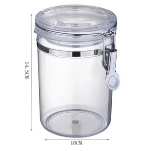 Vista detallada con dimensiones de un bote hermético de plástico transparente de 14,5 cm.