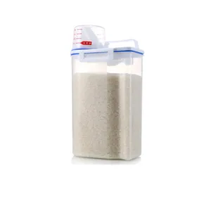 Contenedor de caja de almacenamiento de arroz de plástico transparente con taza medidora y tapa