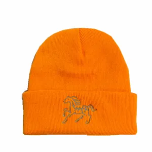 Detaillierte Ansicht der silbernen Pony-Stickerei auf dieser leuchtend orangefarbenen Mütze