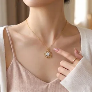 Elegant zircon four-leaf flower pendant necklace shown on a model for a stylish look.
