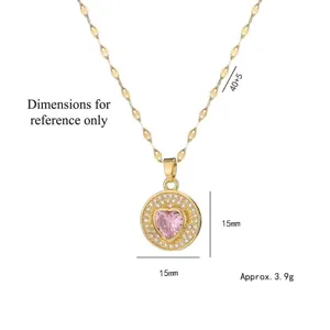 Elegante collana a catena dorata con ciondolo rotondo e cuore in zirconia rosa scintillante
