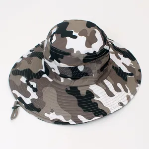Outdoor wide-brim camouflage bucket hat with mesh vents and adjustable chin strap