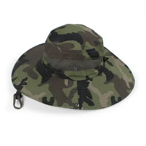 Detail view of camouflage sun hat featuring wide brim, mesh vents and chin strap