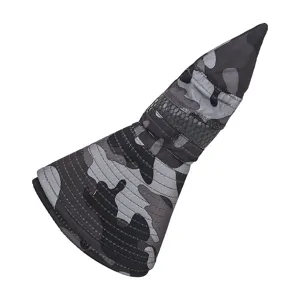 Detail view of the camouflage wide-brim sun hat showing stitching and pattern texture
