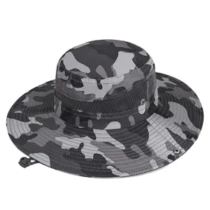 Camouflage wide brim sun bucket hat with adjustable chin strap for outdoor activities