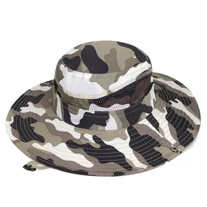 Camouflage wide brim sun hat with adjustable chin strap for outdoor activities