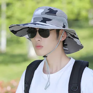 Grey camouflage wide brim outdoor fishing sun hat with adjustable chin strap for men