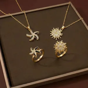 Titanium Steel Necklace Copper Rhinestone Flower Starfish Pendant Fashion Clavicle Chain Jewelry Ring With Artificial Pearl