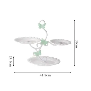 3-tier European dessert display stand with butterfly decor and dimensions showing 32cm height.