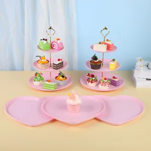 Support à gâteaux rose à 3 niveaux et plateaux à dessert en forme de cœur pour mariage