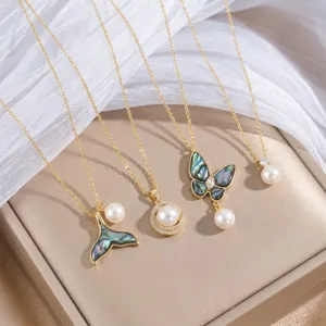 Niche Design Titanium Steel 18K Gold Plated Pendant Necklace For Women Artificial Pearl Rhinestone Butterfly Shell Jewelry