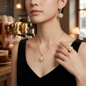 Elegante conjunto de joyas de perlas y flores con collar pendientes y anillo