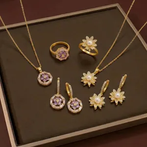 Juego de Joyas de Flor de Circonia Giratoria de Lujo Ligero para Mujer Acero Inoxidable Oro Púrpura Collar Pendientes Anillo