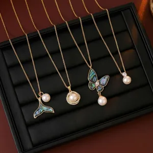 Elegant titanium steel gold necklaces with pearl and butterfly shell pendants for women