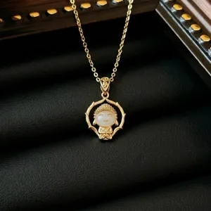 Elegant gold titanium steel necklace with a cute white jade Buddha pendant for women