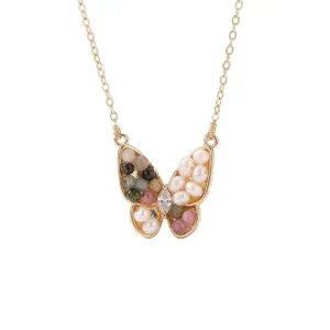 Elegant gold butterfly necklace with colorful stones and natural freshwater pearls