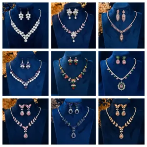 Zirconia Necklace And Earrings Set For Women Copper Gold Plated Floral Geometric Clavicle Chain Jewelry Gift
