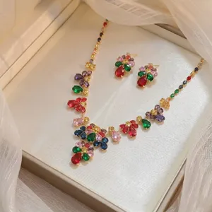 Detail shot of elegant multicolor zircon floral necklace and earrings jewelry set