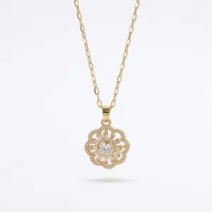 Elegante collar con colgante de flor de circón giratorio bañado en oro para mujer chic