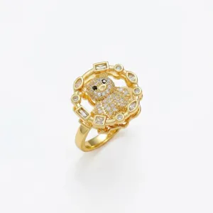 Detailed view of a gold-plated ring featuring a sparkling zircon-encrusted bear design.