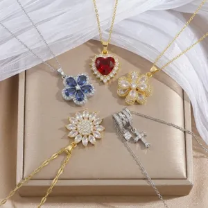 Collar de Colgante Geométrico de Circonia para Mujer Acero de Titanio Cobre Chapado en Oro Corazón Flor Girasol Cruz Joyería Cadena de Clavícula